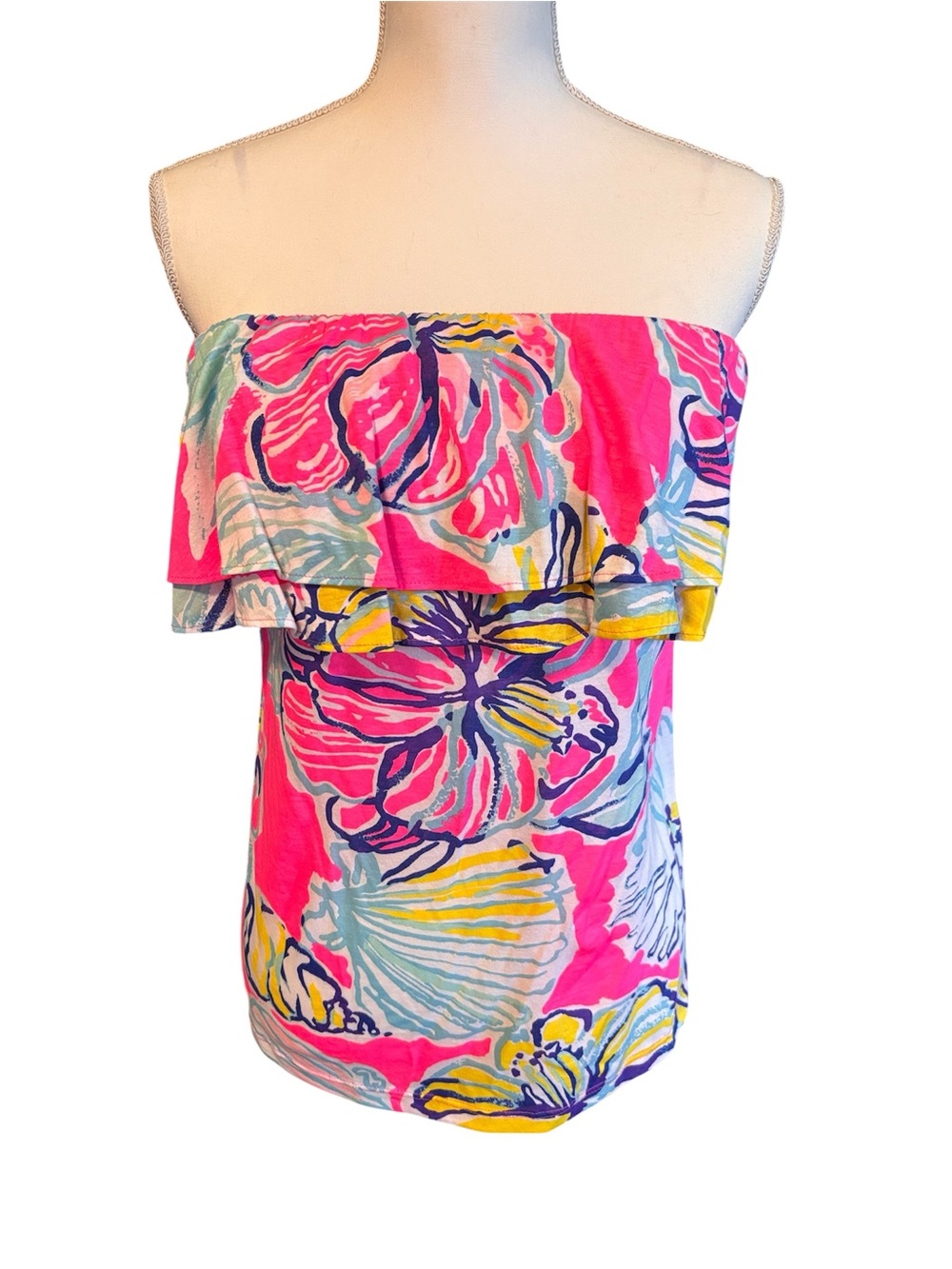 Lilly Pulitzer Bright Pink Floral Strapless Ruffle Camisole